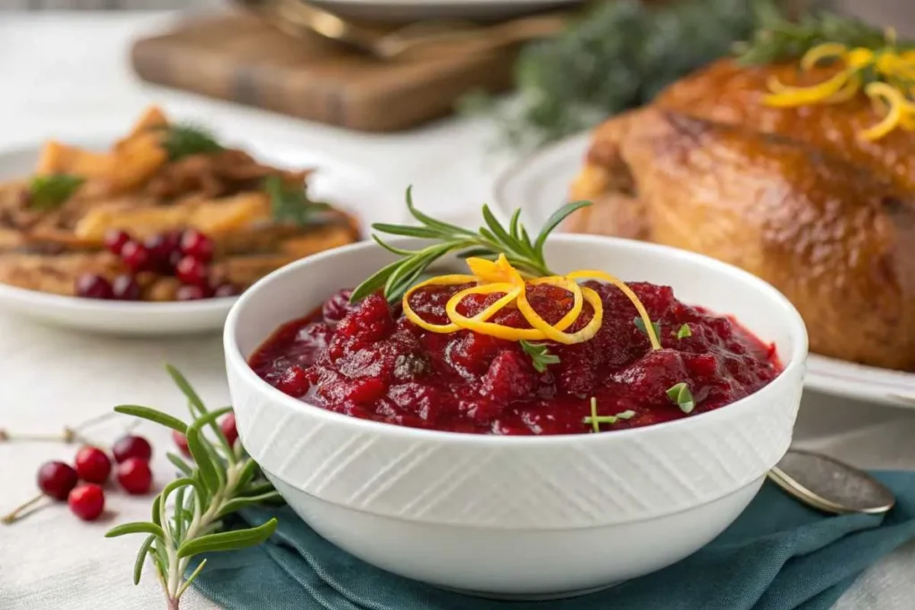 A bowl of orange and ginger cranberry sauce garnished with rosemary and orange zest.