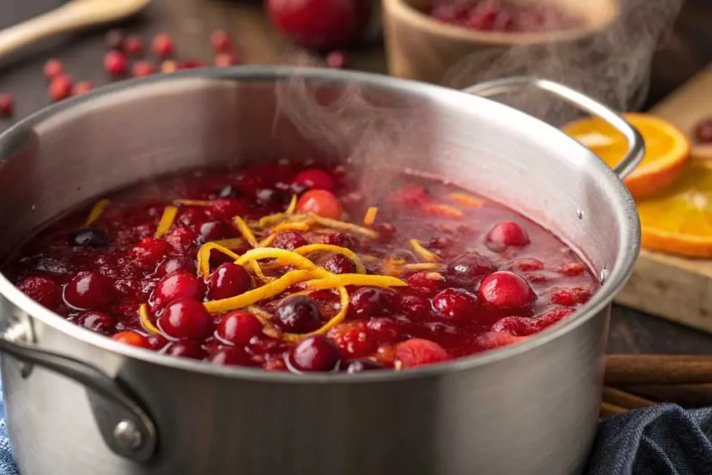 Cranberry sauce bubbling in a pot with steam rising.