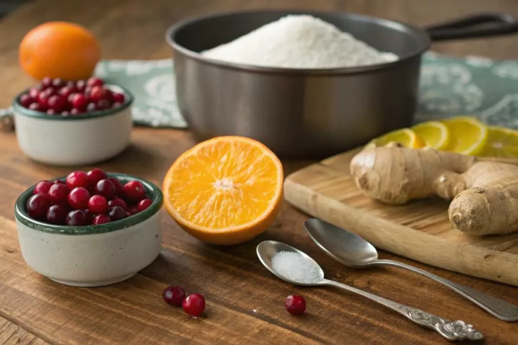 Fresh cranberries, orange, ginger, and sugar on a rustic wooden table.