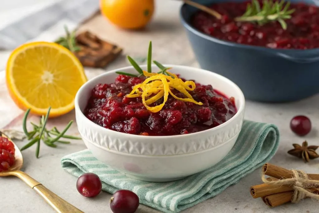 Orange and Ginger Cranberry Sauce served in a white bowl, garnished with orange zest and rosemary.