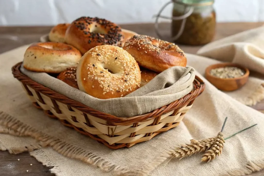 Freshly baked sourdough bagels in a basket.