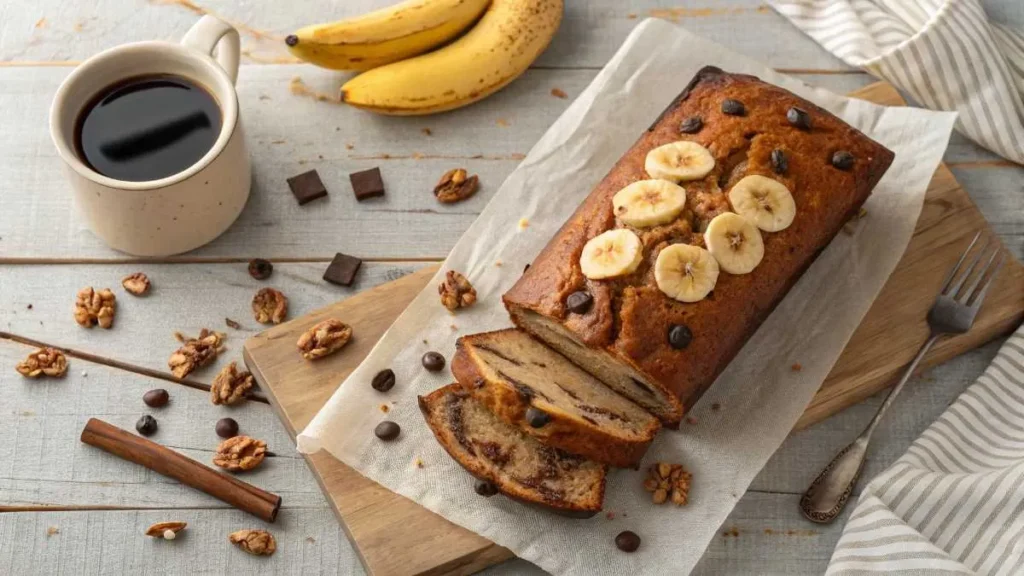 Freshly baked banana bread loaf sliced to show its moist texture, surrounded by ripe bananas, walnuts, and chocolate chips on a rustic wooden table.