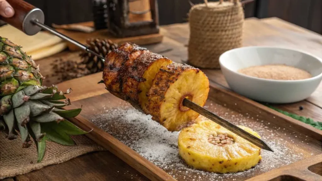 "Brazilian churrasco-style grilled pineapple being sliced from a spit, coated in cinnamon and sugar.