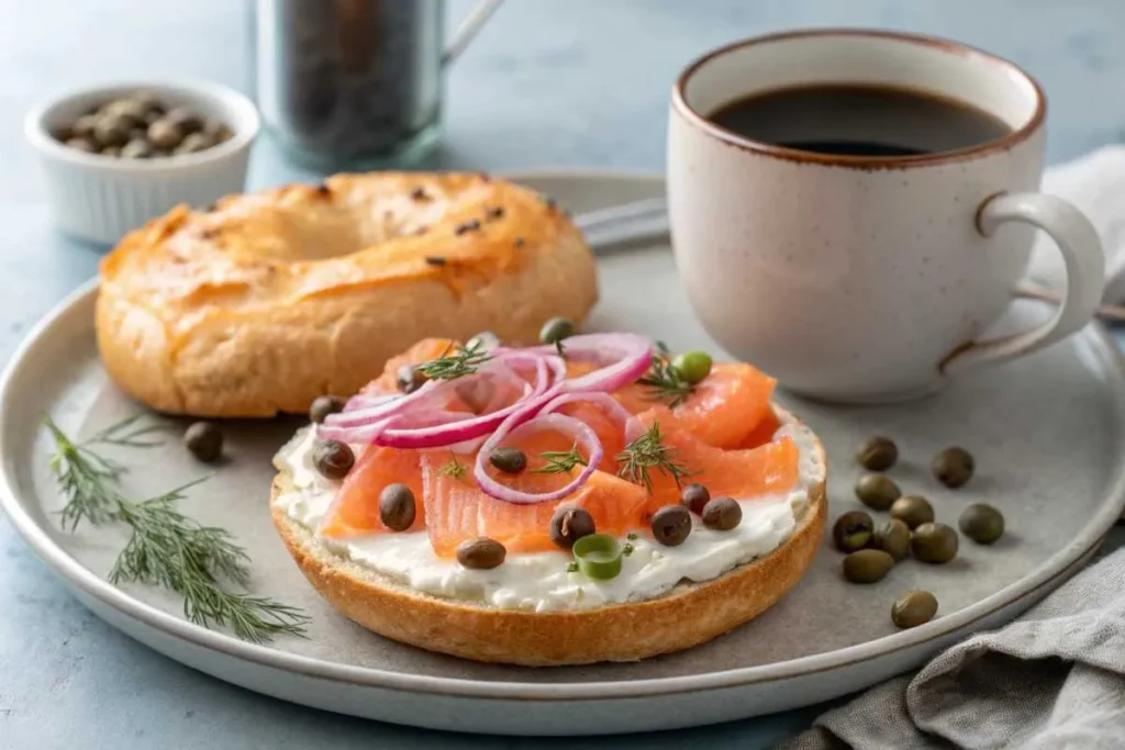 Sourdough bagel topped with cream cheese, smoked salmon, and capers.