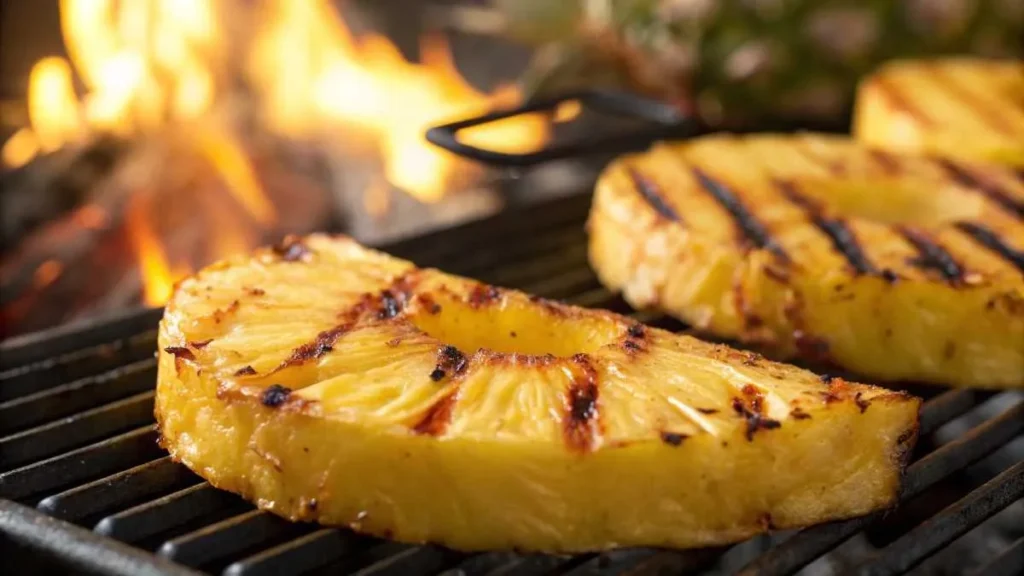 A grilled pineapple slice with caramelized edges and char marks over a BBQ flame."