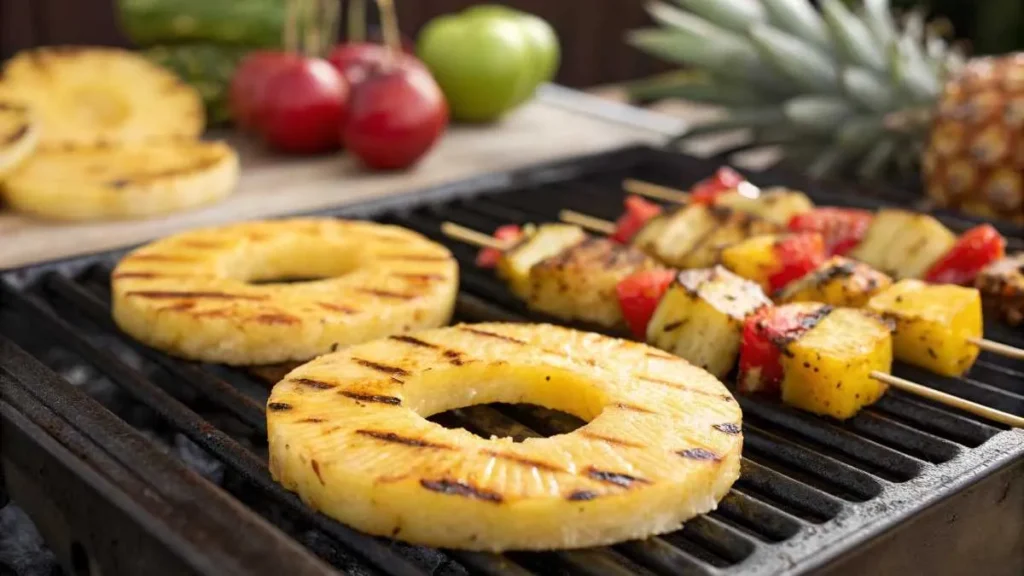  Juicy grilled pineapple rings with golden char marks on a hot grill.