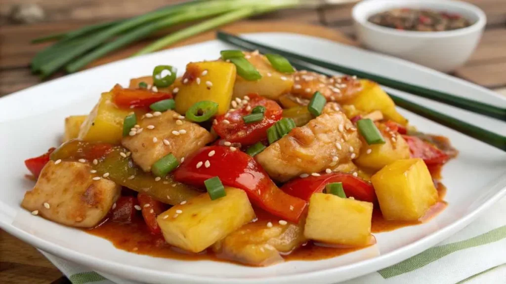 A plate of sweet and sour chicken with pineapple chunks and vegetables.