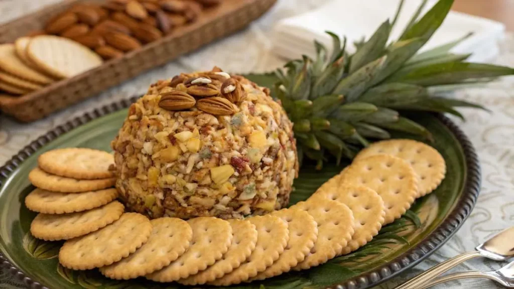 Pineapple-shaped cheese ball covered in nuts, surrounded by crackers.