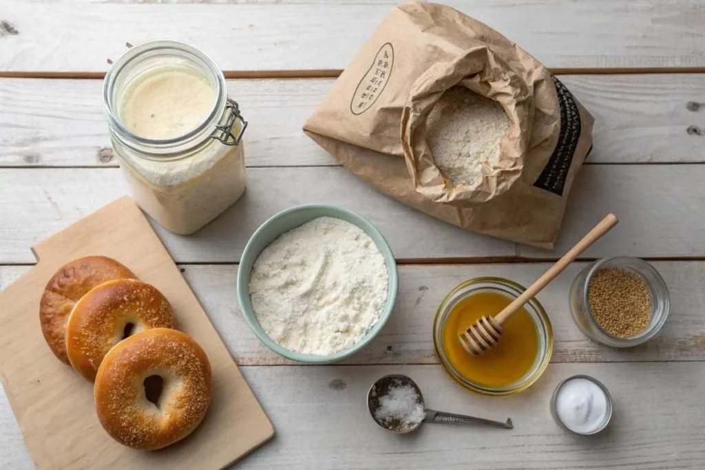 Ingredients for sourdough bagels, including flour, sourdough starter, honey, salt, and water.