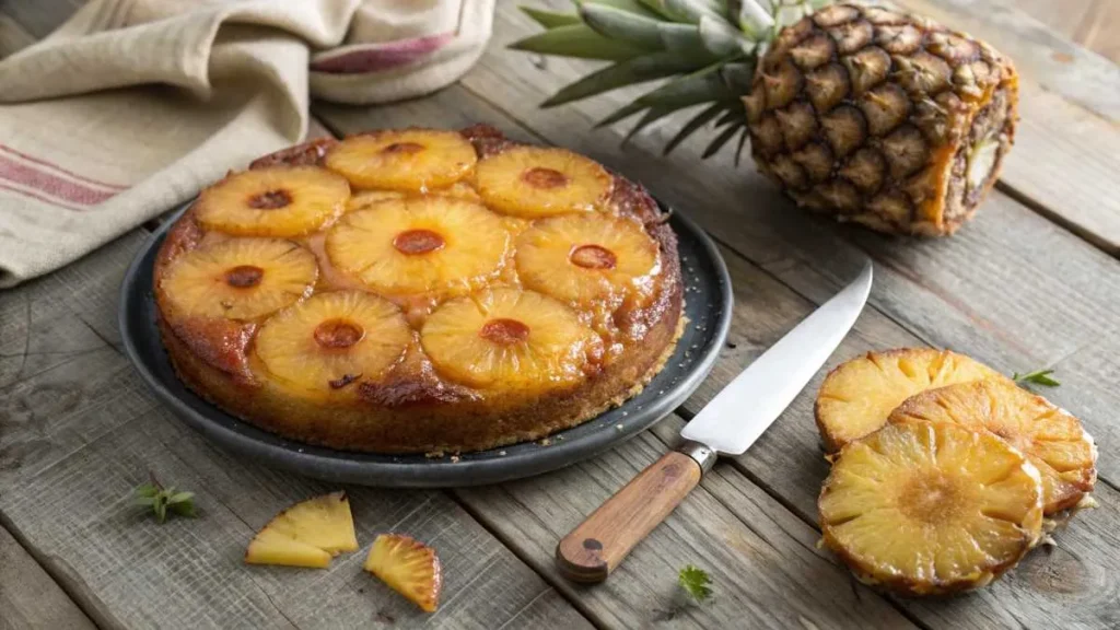  A pineapple upside-down cake with caramelized pineapple slices on top.