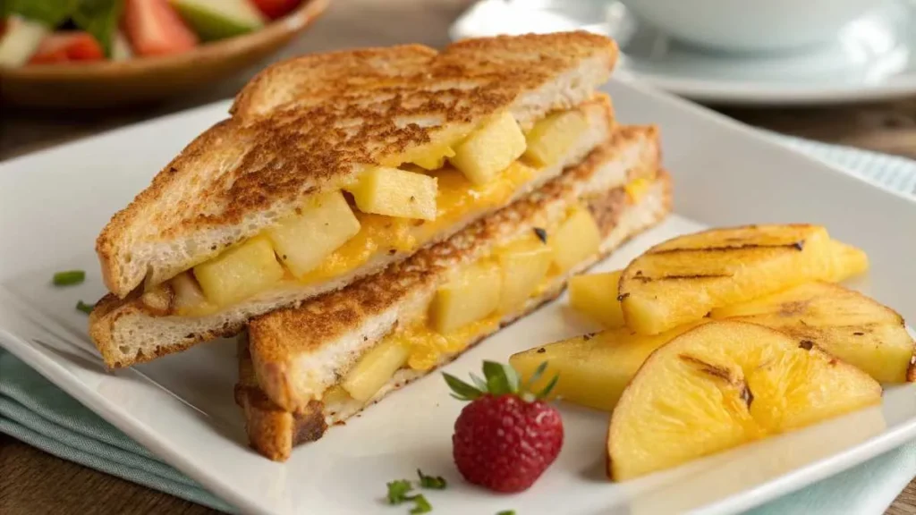 Grilled cheese sandwich with pineapple slices and melted cheese on a white plate.