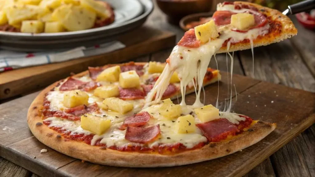 Hawaiian pizza with fresh pineapple chunks, mozzarella cheese, and turkey on a rustic table.