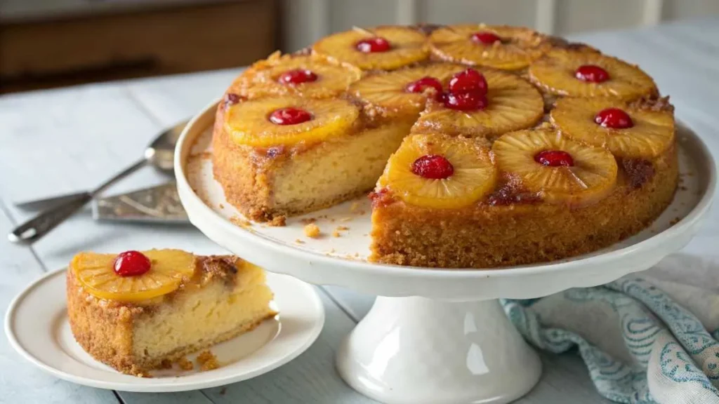  Pineapple upside-down cake with caramelized pineapple rings and cherries.