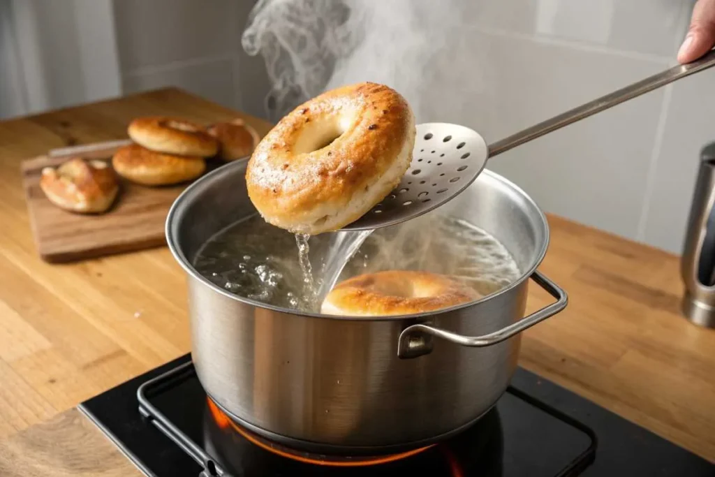 Bagel being boiled in a pot of water for a chewy crust.