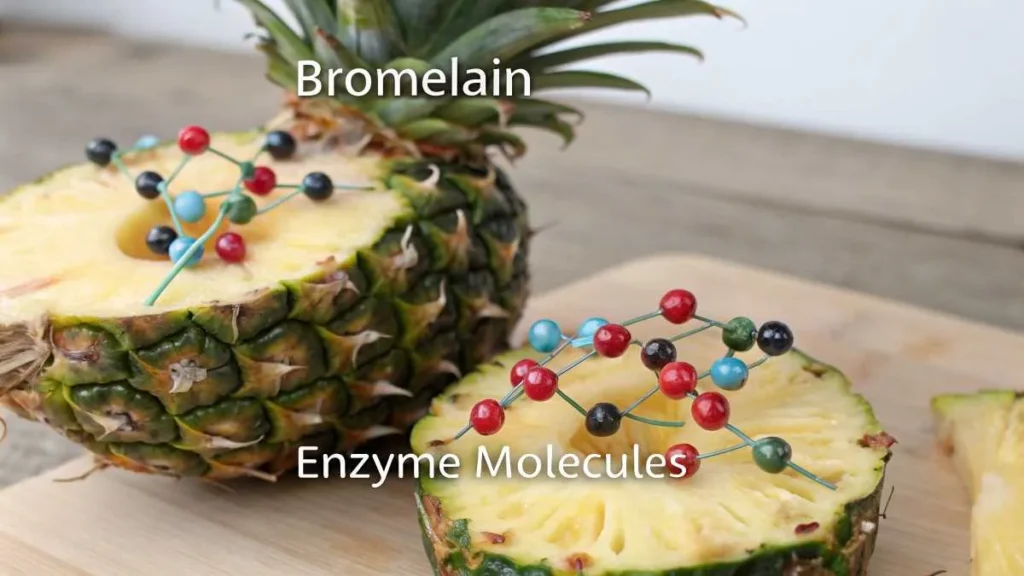 Illustration of bromelain enzyme molecules over a pineapple core.