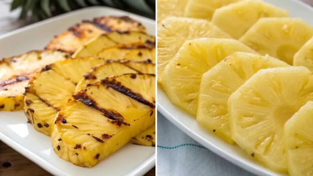 Fresh pineapple slices next to grilled pineapple slices with caramelized edges on a white plate.