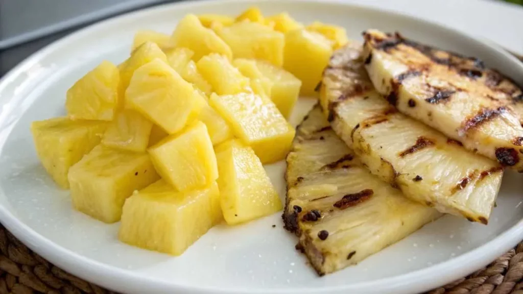 Fresh pineapple chunks next to grilled pineapple slices on a white plate.