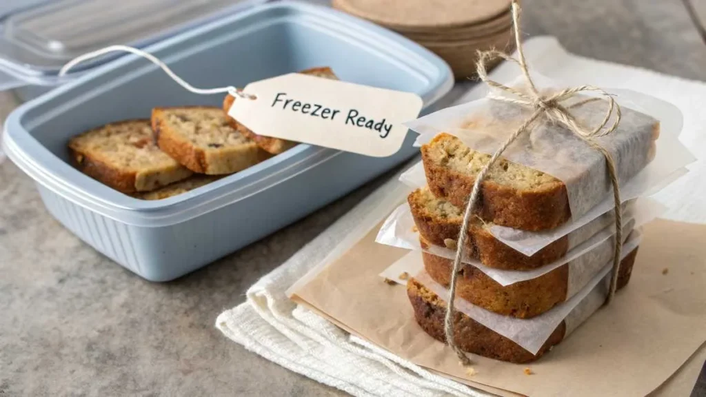 Stacked slices of banana bread wrapped in parchment paper and tied with twine, next to a freezer-friendly storage bag labeled 'Freezer Ready.'