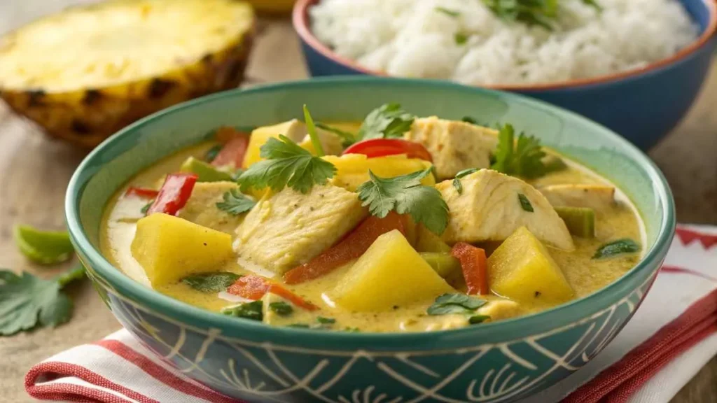 A bowl of creamy tropical curry with chunks of pineapple and chicken.