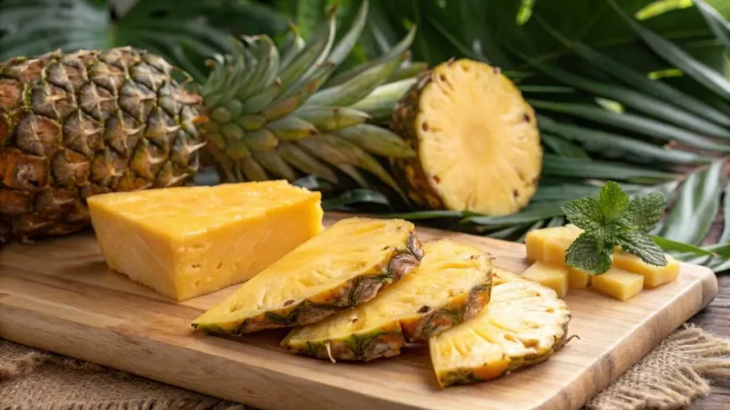 Fresh pineapple slices and cheddar cheese on a wooden cutting board with tropical leaves in the background.