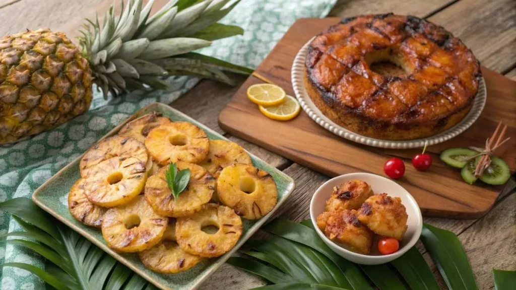  A variety of cooked pineapple dishes, including grilled pineapple rings and pineapple upside-down cake, styled on a rustic table.