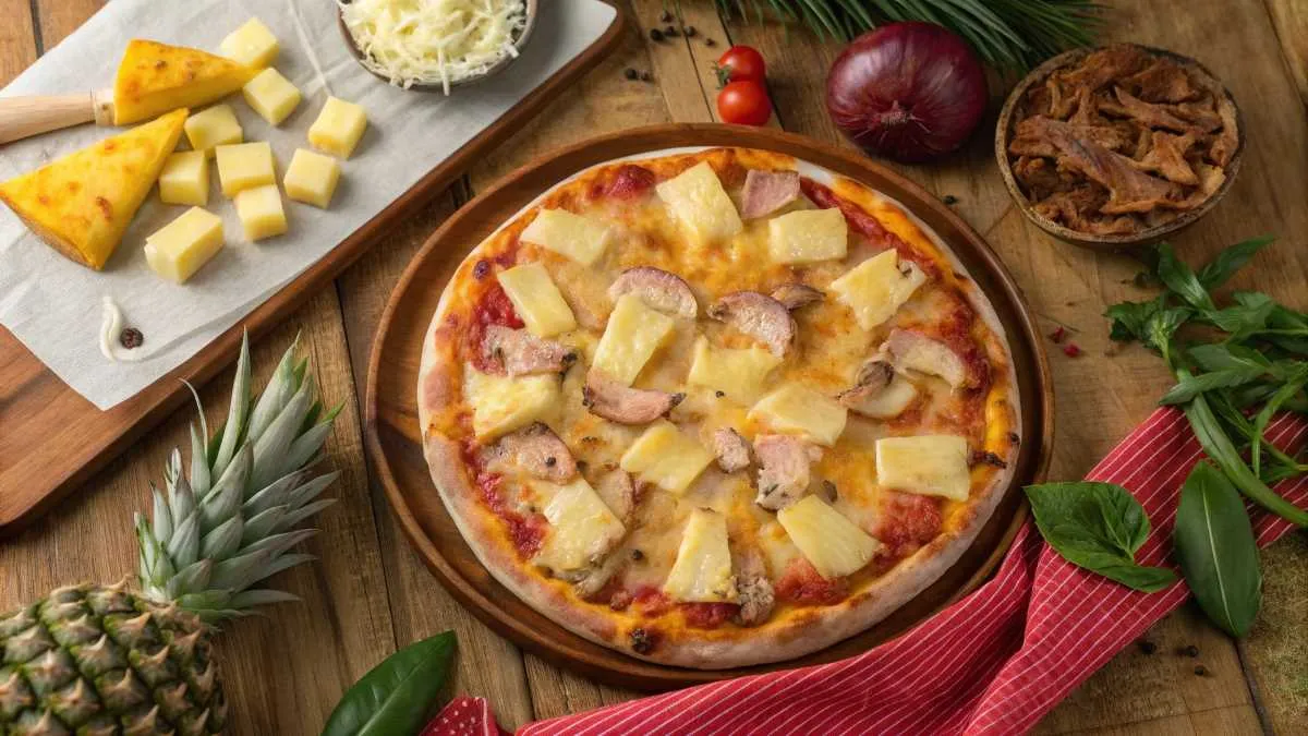 Hawaiian pizza with pineapple, cheese, and ham surrounded by fresh ingredients on a wooden table.