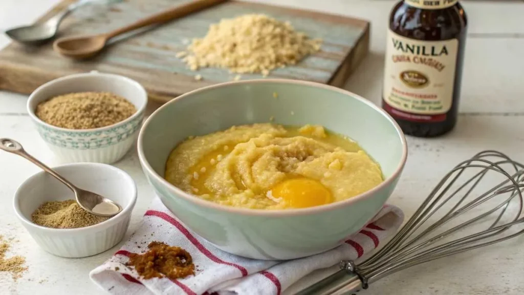 Close-up of mashed bananas, whisked eggs, and brown sugar being mixed in a bowl with vanilla extract and measuring spoons nearby.