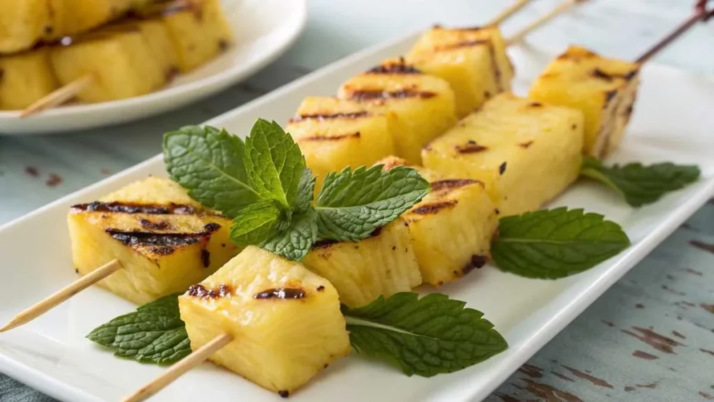  Grilled pineapple skewers with visible char marks, garnished with fresh mint.