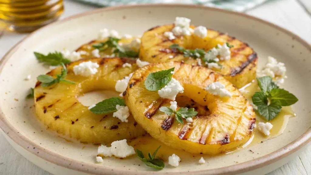 Grilled pineapple rings topped with feta cheese and honey.
