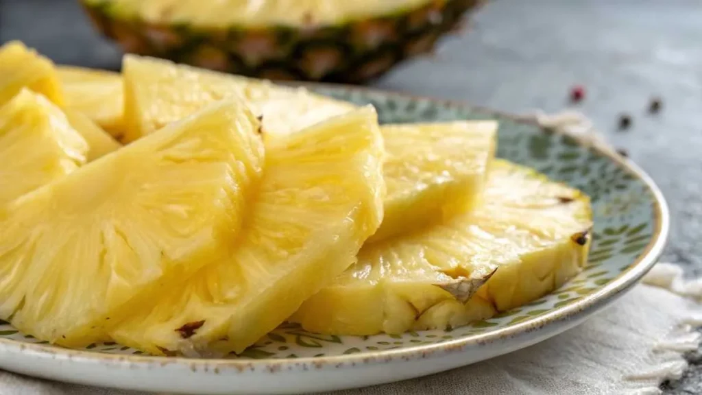  Fresh pineapple slices on a plate with a textured background.