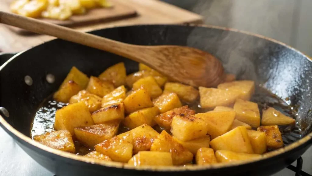  Pineapple chunks sizzling in a pan with a golden caramel glaze.