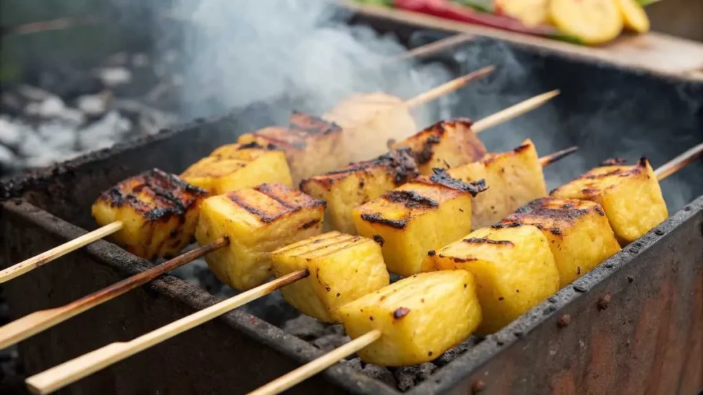 Grilled pineapple chunks on skewers over a smoky BBQ grill with char marks.