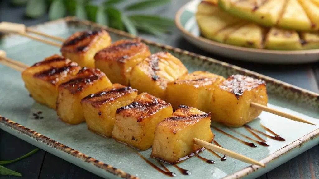  Juicy pineapple skewers caramelized with golden grill marks over open flames.