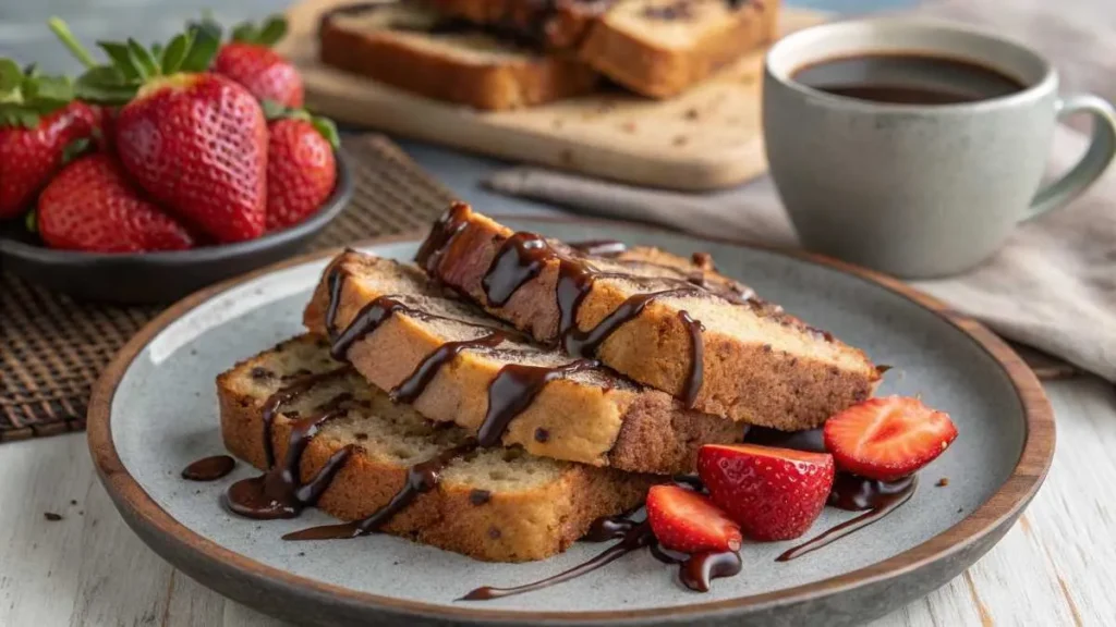 Slices of banana bread topped with melted chocolate and fresh strawberries, served on a rustic plate with a steaming cup of coffee.