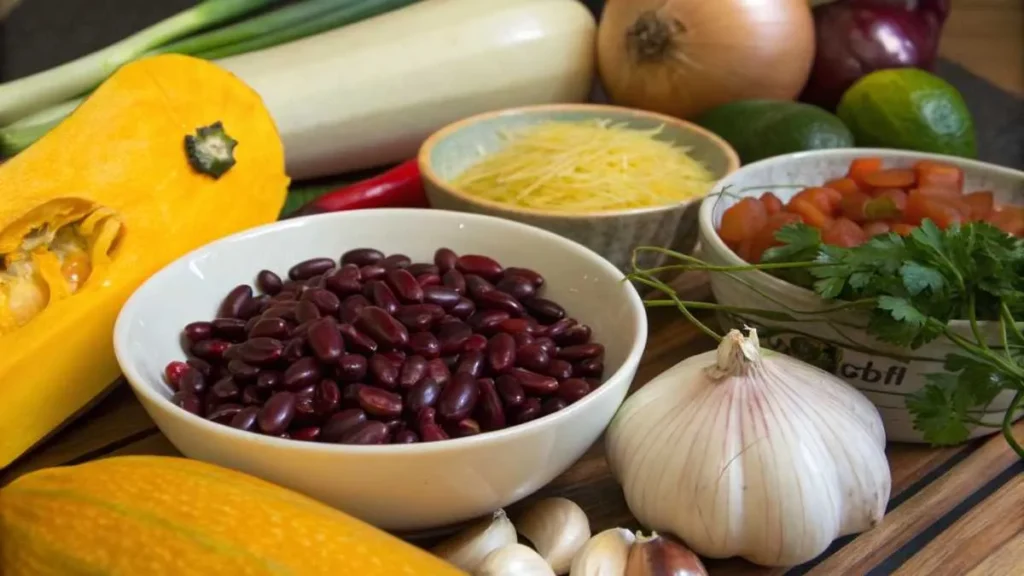  Fresh ingredients for a squash and kidney beans recipe, including squash, kidney beans, onions, and garlic.