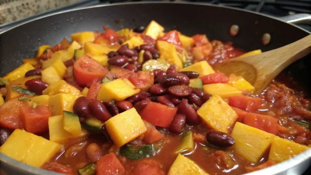 Squash, kidney beans, and tomatoes simmering in a skillet, showcasing the cooking process for this recipe.