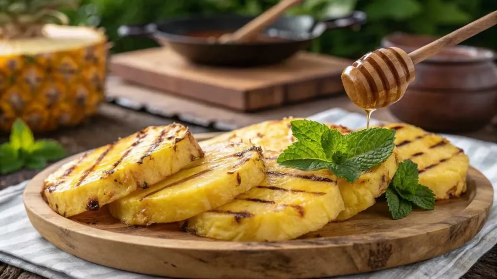 Grilled pineapple slices with golden caramelized marks served on a wooden platter with mint and honey.