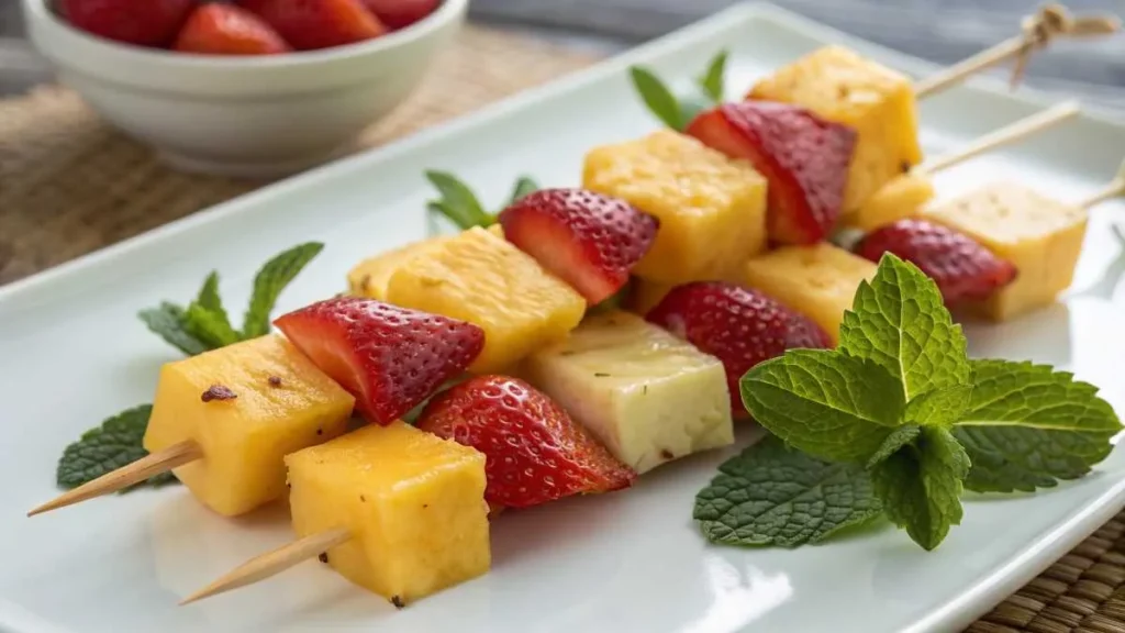 Skewers of pineapple chunks and cheddar cheese on a plate with mint garnish.