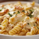 A creamy crockpot chicken pasta served in a white bowl, featuring rotini noodles coated in rich cheese sauce with shredded chicken and melted mozzarella, garnished with fresh herbs.