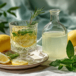 Homemade herbal cordial with lemon, mint, and rosemary in a glass bottle