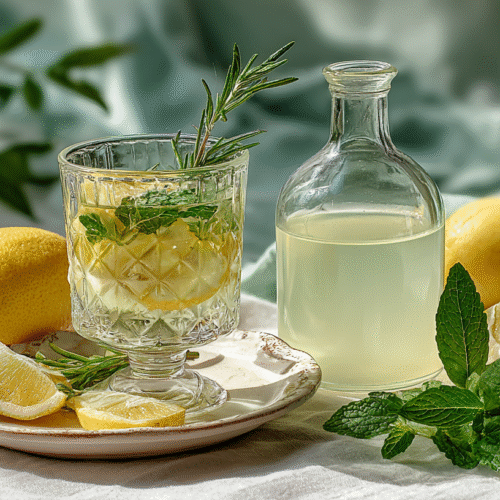 Homemade herbal cordial with lemon, mint, and rosemary in a glass bottle