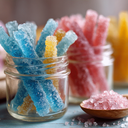 Colorful homemade crystal candy sticks in jars made with sugar and water – easy 3-ingredient rock candy recipe.
