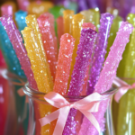 Bright and colorful crystal candy sticks with sparkling sugar crystals, displayed in clear glass jars tied with pink ribbon—ideal for homemade gifts or festive celebrations.