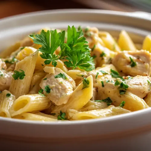 Top view of creamy chicken and pasta crockpot recipe garnished with parsley