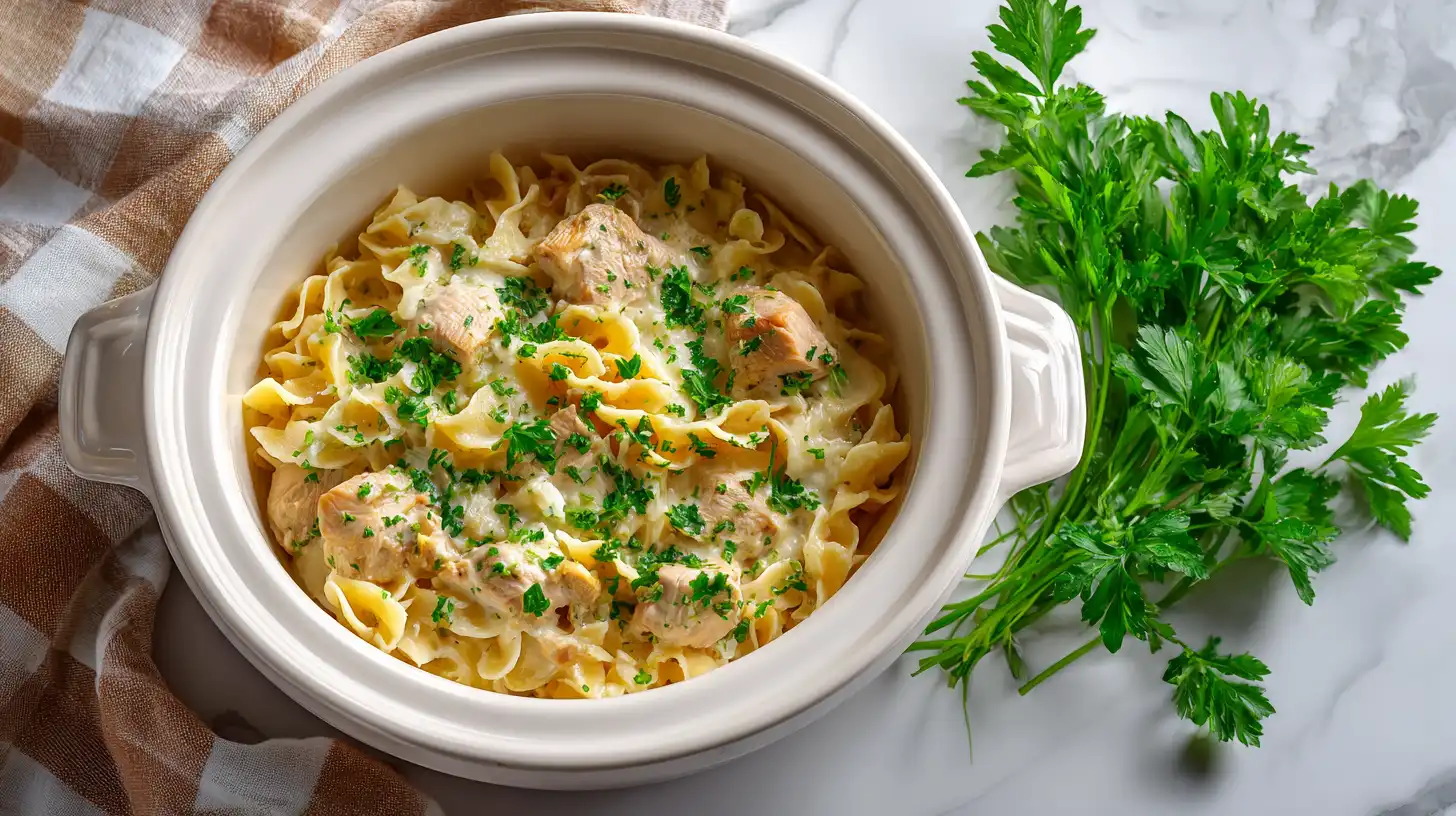 Creamy chicken and pasta crockpot recipe served in a slow cooker
