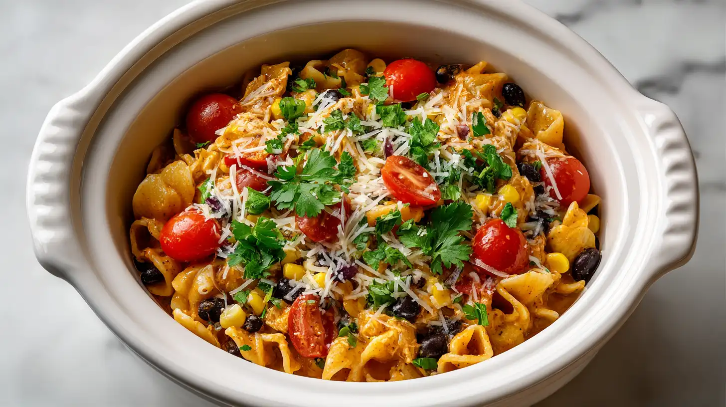 creamy-southwest-chicken-pasta-crockpot. Creamy Southwest chicken and pasta in a crockpot