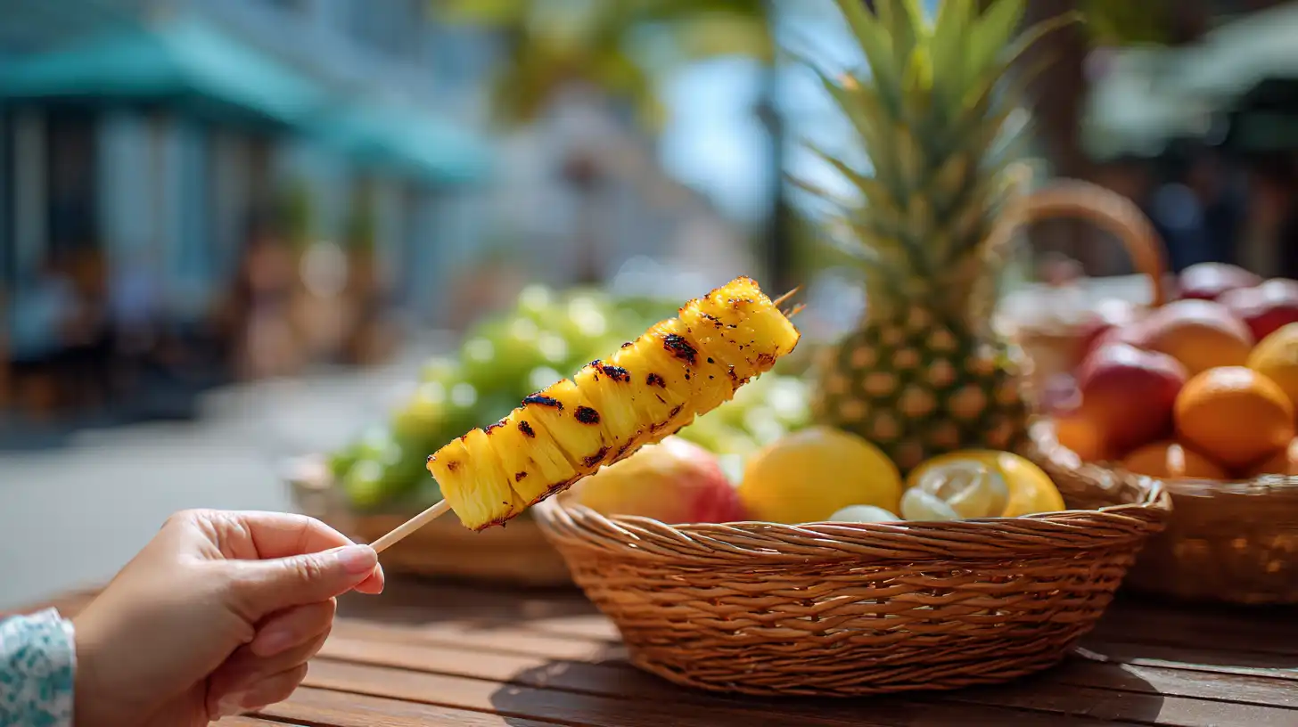 grilled-pineapple-immune-boost. woman holding grilled pineapple skewer outdoors