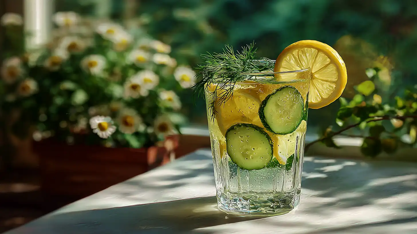 pickle lemonade in glass with lemon slices and dill