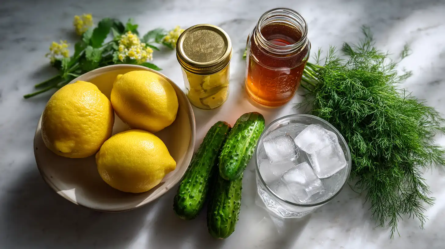 pickle-lemonade-ingredients-flatlay. ingredients to make pickle lemonade