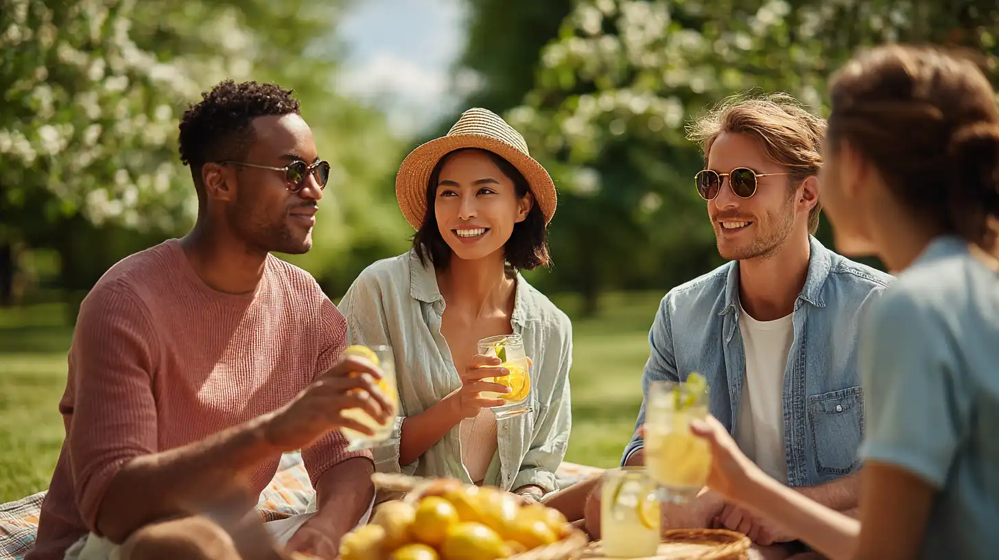 pickle-lemonade-summer-picnic. people drinking pickle lemonade at picnic